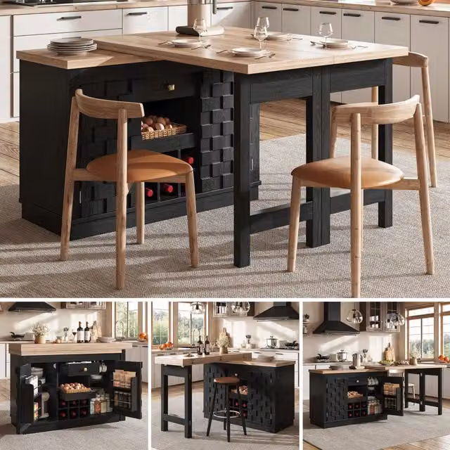 Isola da cucina girevole a 360° e credenza laterale 120-197 cm, ante patchwork, portabottiglie estraibile e cassetti, 2 colori (rovere chiaro/nero)