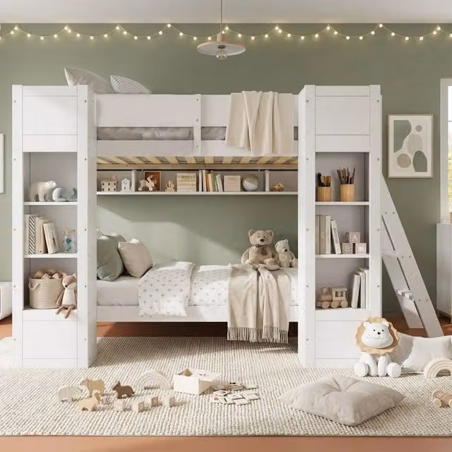 Letto a castello 90 × 200 cm 2 posti, 2 armadietti, mensola sospesa e barriera, senza materasso, bianco