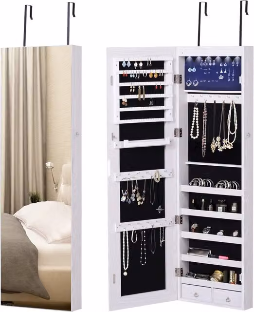 Specchio Portagioie da Parete con LED e Cassetti XYLO Bianco L 37 cm, H 120 cm, P 10 cm – 1