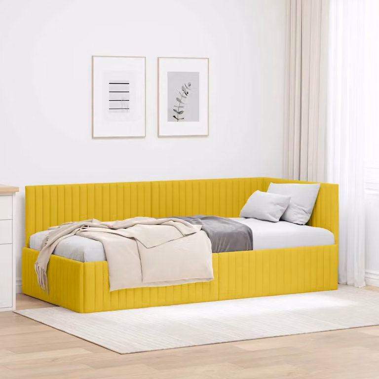Letto ad angolo asimmetrico vidaXL in velluto giallo con struttura in legno e metallo L/P/H: 204 x 140 x 94 cm