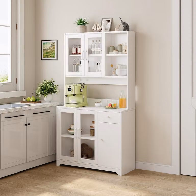 Mobile da cucina con piano di lavoro da 183 cm, dispensa con 5 ante e un cassetto, colore bianco