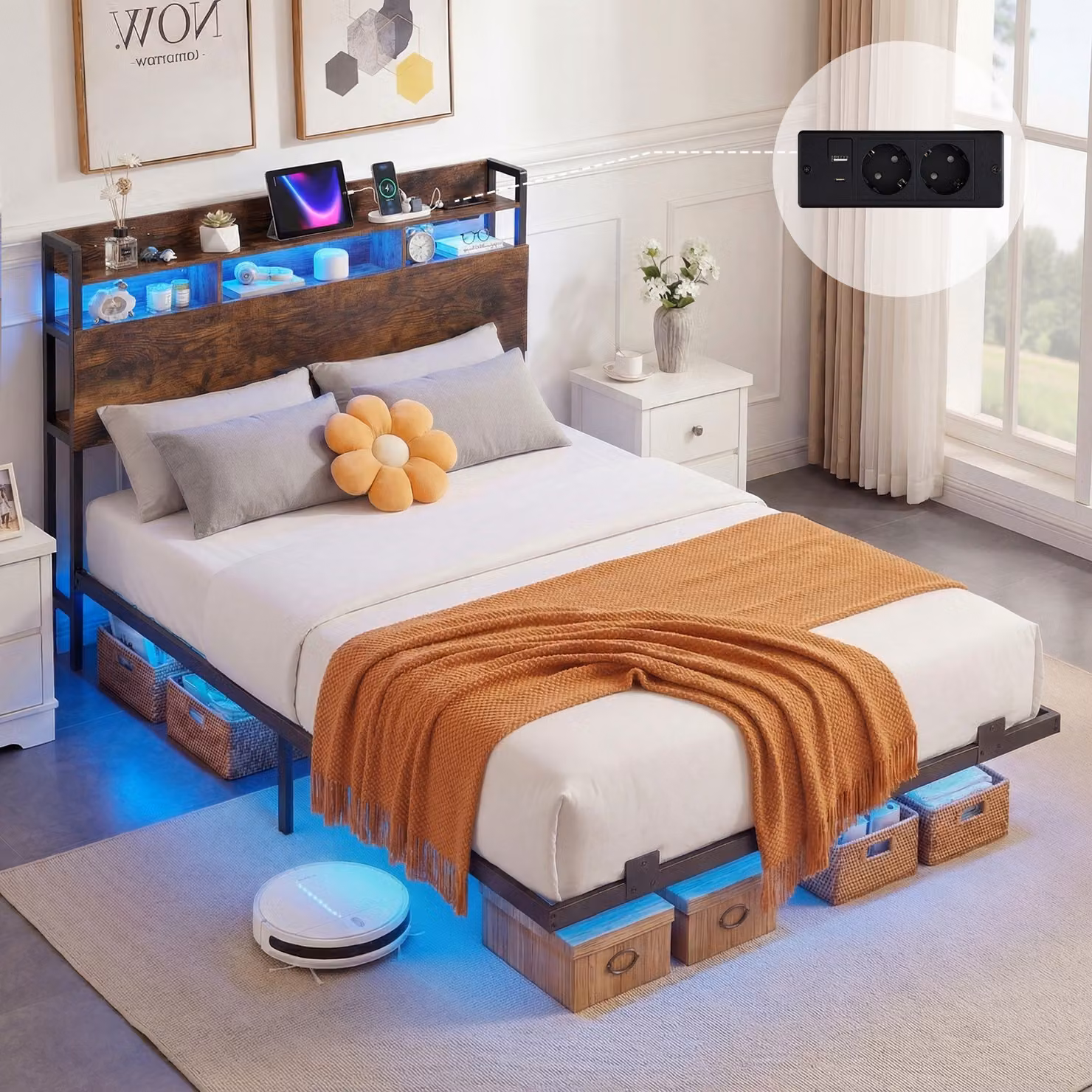 Costway Letto matrimoniale fluttuante in metallo stile industriale con contenitore e luci LED, Marrone, 140x200 cm