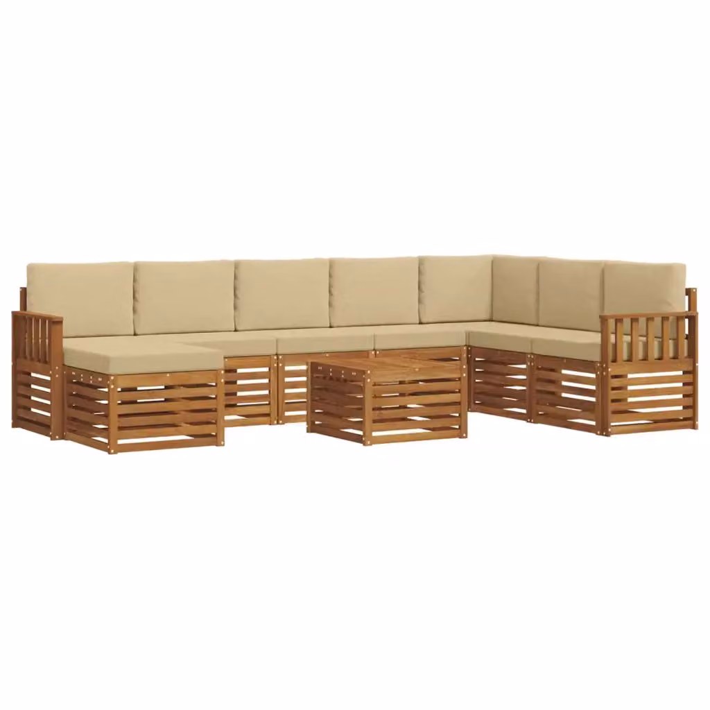 Set di divani da esterno a L vidaXL in legno di acacia con tavolino e pouf, Beige e Marrone – 2