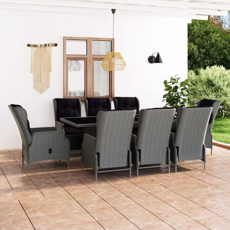 The Living Store Set da pranzo da giardino 9 pezzi con cuscini in poly rattan grigio chiaro