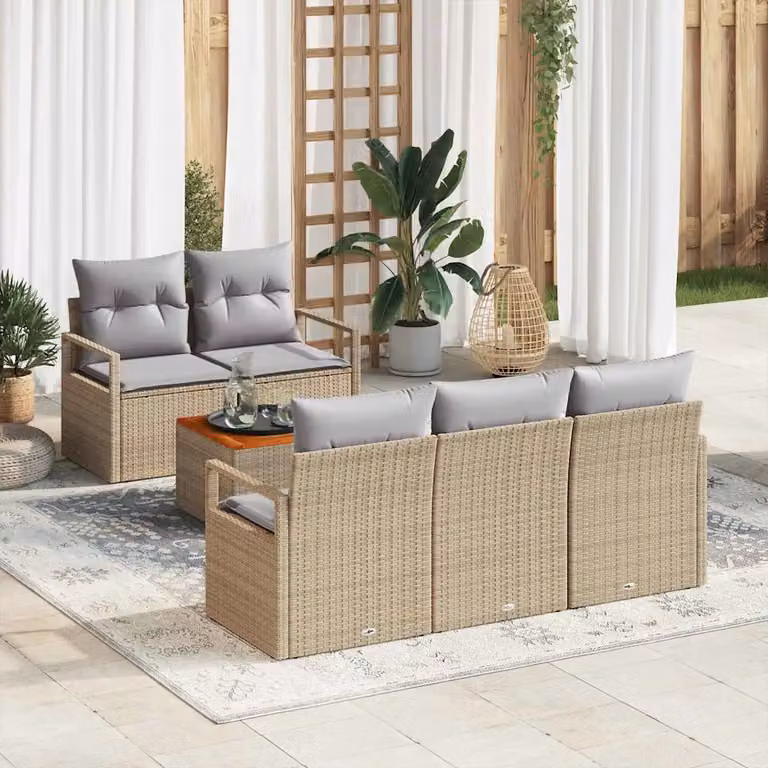 Set Divano da Giardino vidaXL 6 pz Beige con Cuscini e Tavolino in Polyrattan e Acciaio