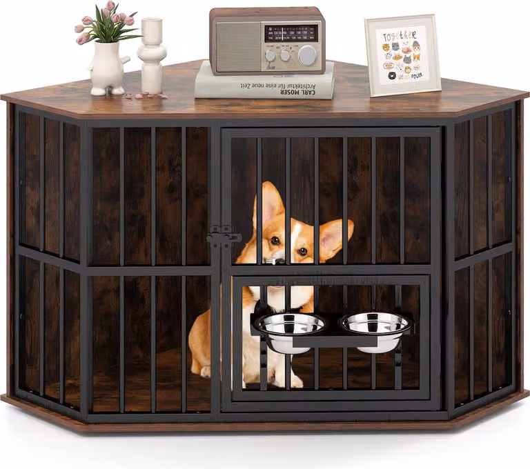 Gabbia per cani COSTWAY, cuccia per cani con distributore di cibo regolabile, 2 ciotole in acciaio inox e porta con serratura, cassa per cani in legno e metallo, marrone