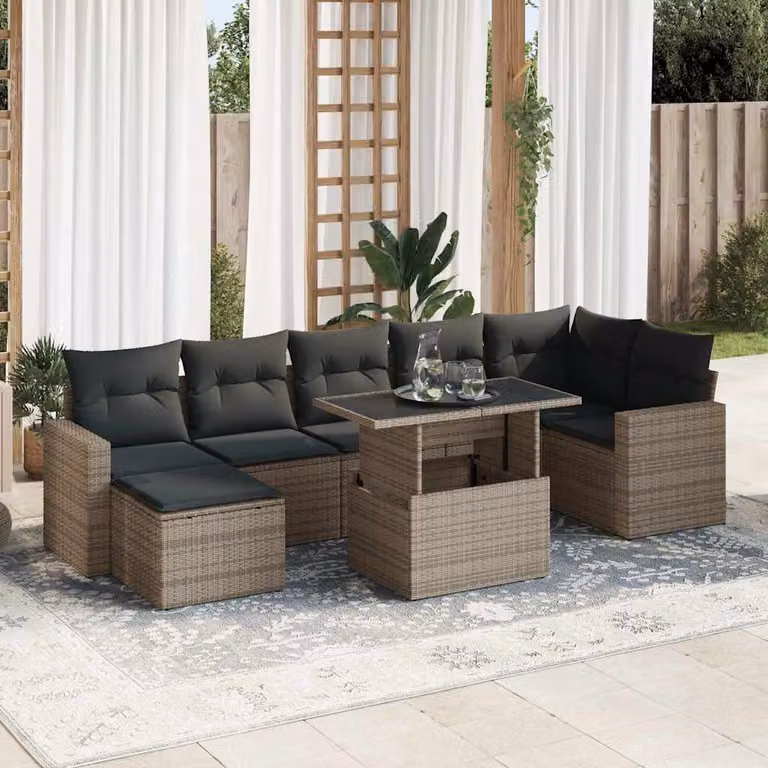 Set Divano da Giardino vidaXL 8 pz a Forma a U in Polyrattan Grigio con Cuscini e Tavolino