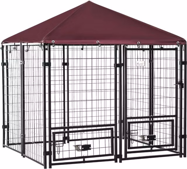 Recinto per cani da esterno in metallo con copertura impermeabile e 2 ciotole girevoli, kennel nero e rosso – 1
