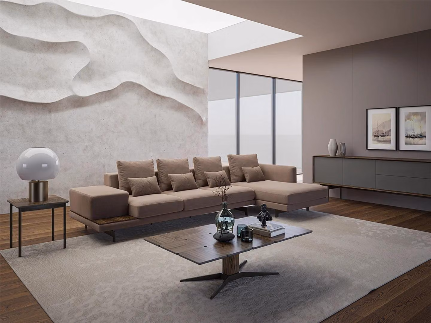 Wohnzimmer Set 3tlg Eck Garnitur Sofa Couch L-Form Holz Couchtisch