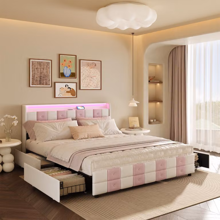 Letto imbottito 140x190cm con USB e prese di corrente, letto per ragazzi letto matrimoniale con 4 cassetti, letto contenitore letto in legno massiccio con LED/tipo C e rete a doghe, velluto