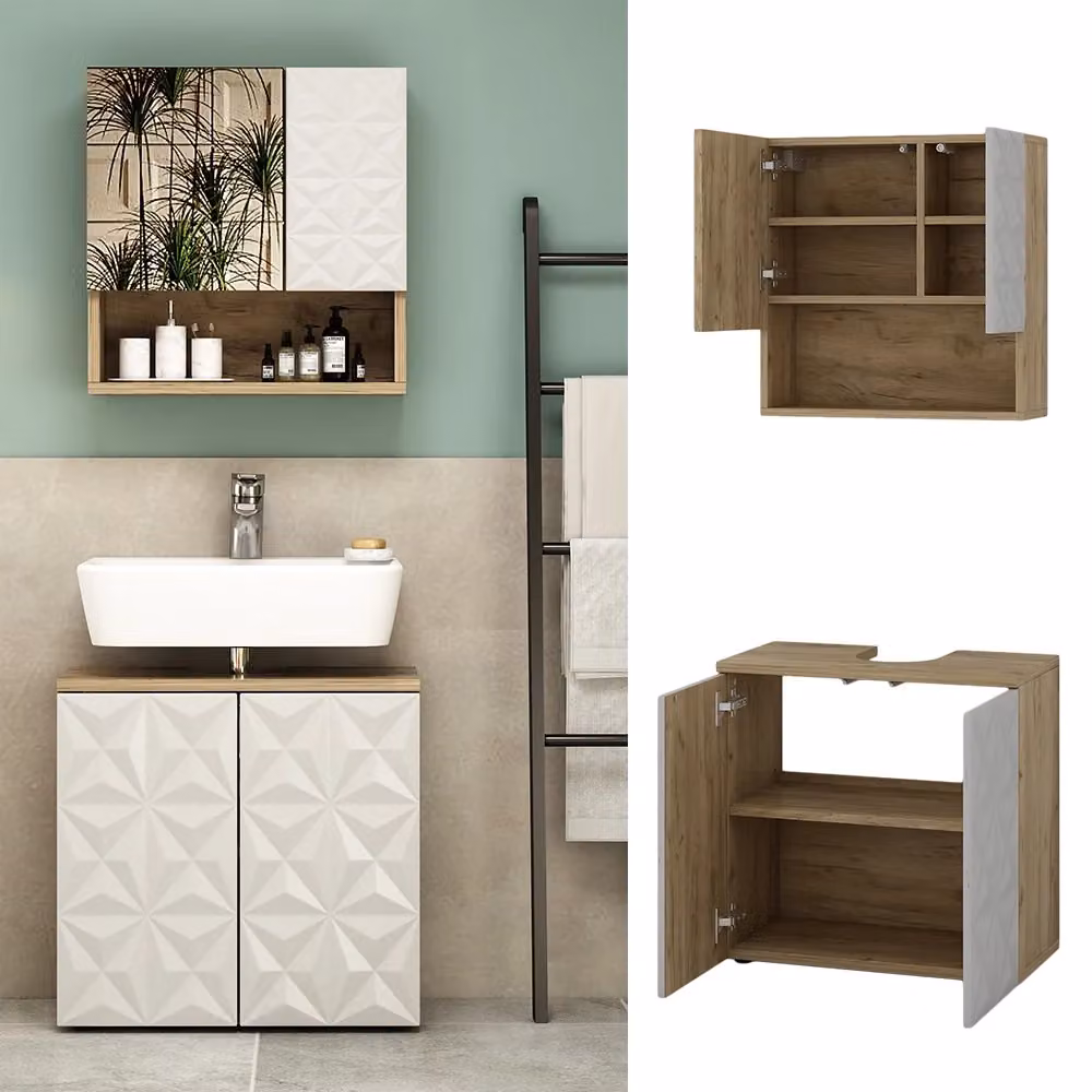 Set di mobili da bagno Vicco Edge bianco 2 pezzi composto da mobile lavabo e pensile con illuminazione LED – 2