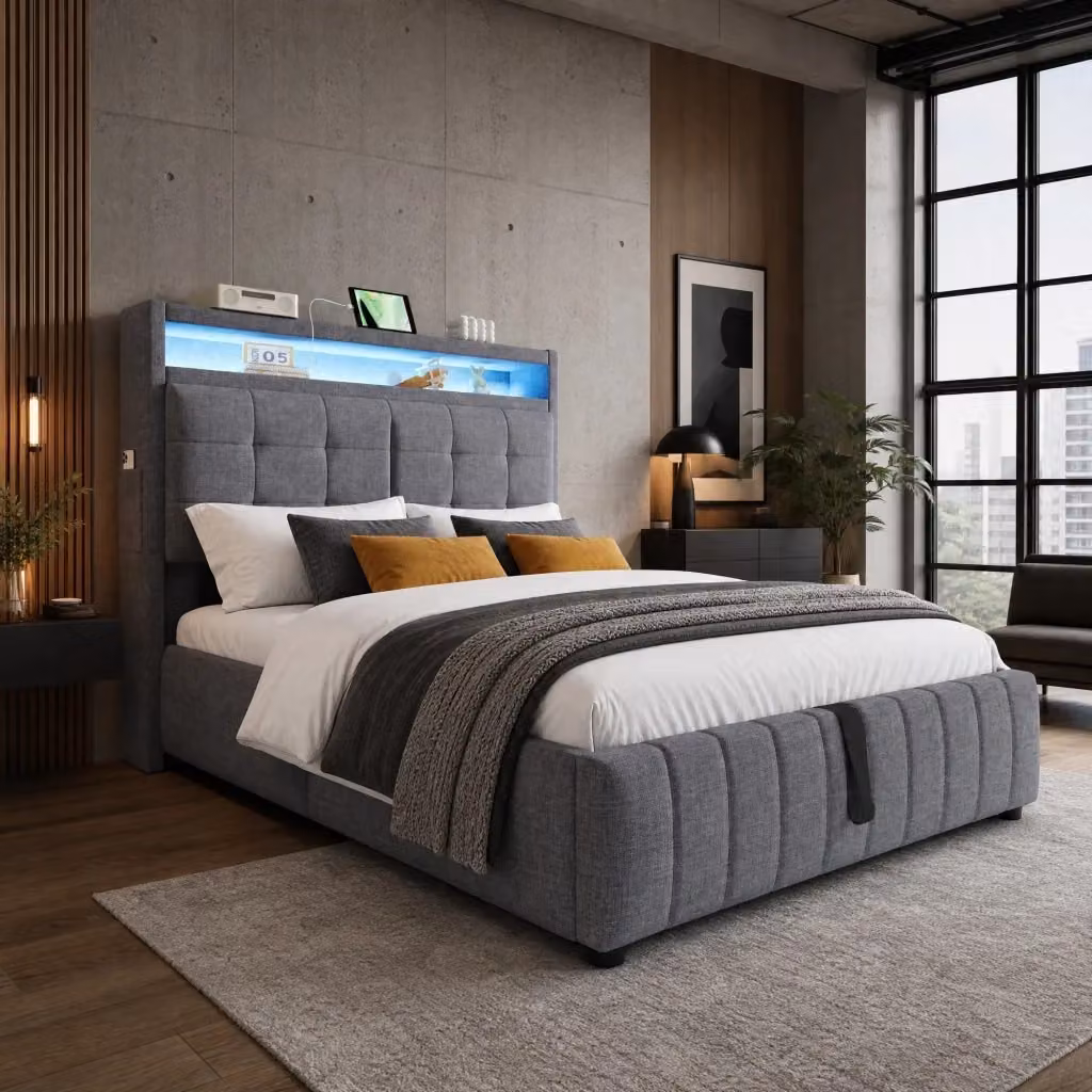Letto Imbottito Moderno REDOM Grigio con Contenitore, LED, USB e Ripiano Laterale L/P/H: 140 x 200 x 147 cm – 2