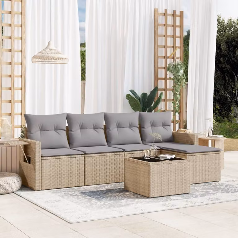 vidaXL Set Divano da Giardino a L composto da 6 pezzi con Cuscini Beige e Tavolino in Vetro