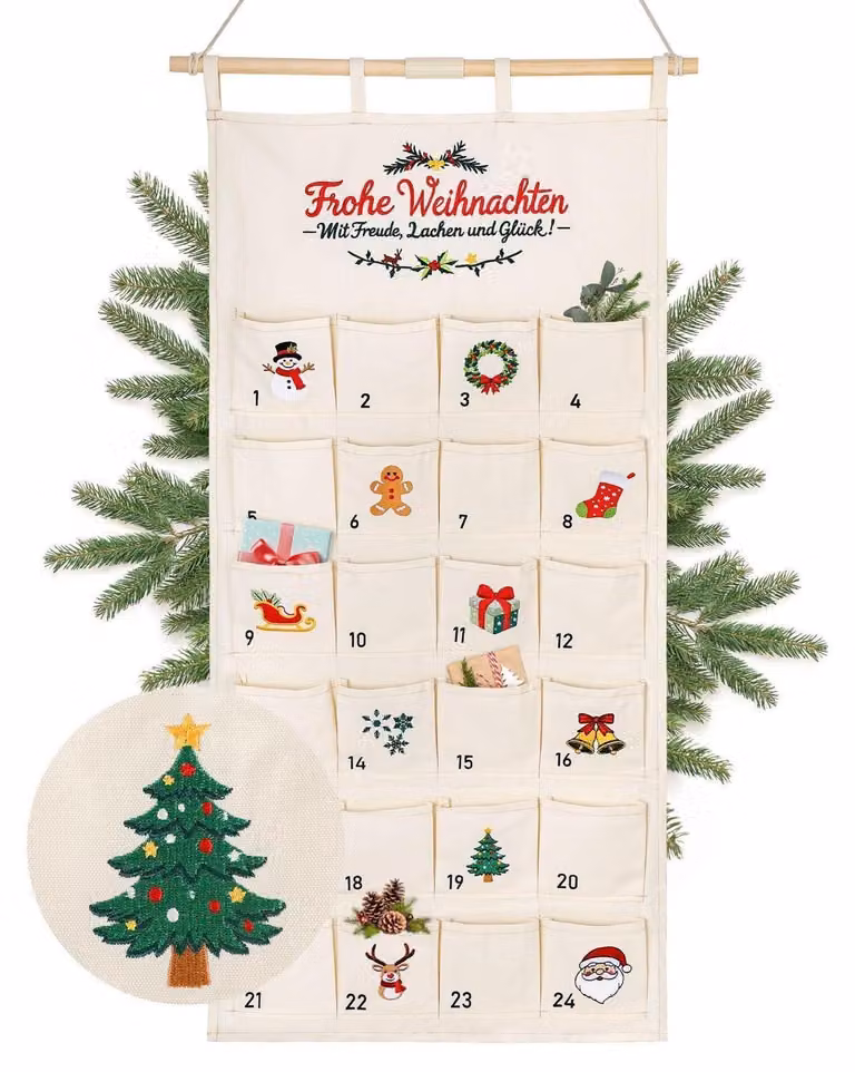 Calendario dell'Avvento in tessuto, da appendere, con 24 tasche, lavabile, riutilizzabile, con ricamo "Buon Natale"