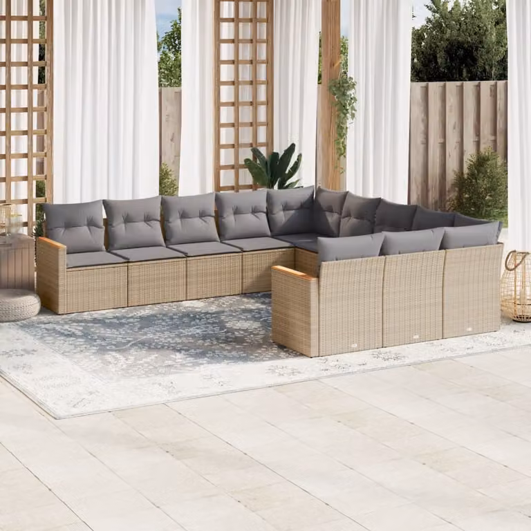 Set Divano da Giardino vidaXL 11 pz a Forma a L con Cuscini Beige e Grigio in Polyrattan e Metallo