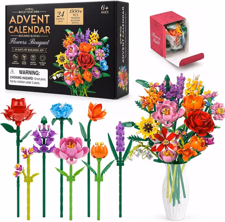 Calendario dell'Avvento 2026: Set di costruzioni a tema bouquet di fiori, 24 giorni per contare i giorni fino a Natale, 24 confezioni con oltre 1500 pezzi, set di costruzioni colorate a forma di rose e tulipani, ideali per la decorazione della casa