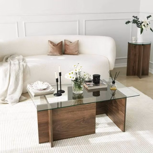 Tavolino da salotto moderno DMORA con piano in vetro trasparente e struttura in legno marrone, L: 65 cm, P: 65 cm, H: 40 cm – 1