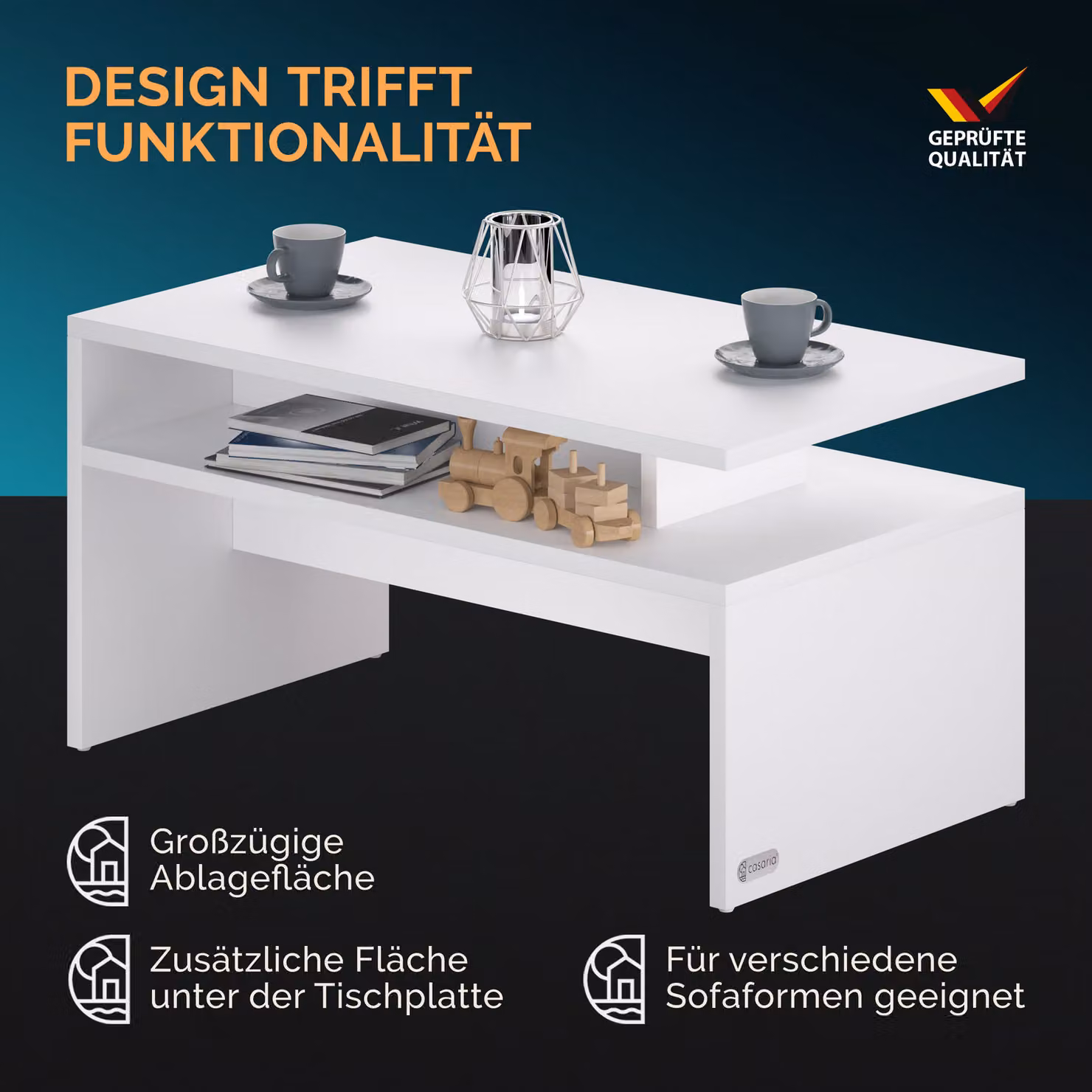 Tavolino Casaria bianco con meccanismo sollevabile e piano rettangolare L: 95 cm, P: 55 cm, H: 50 cm – 2