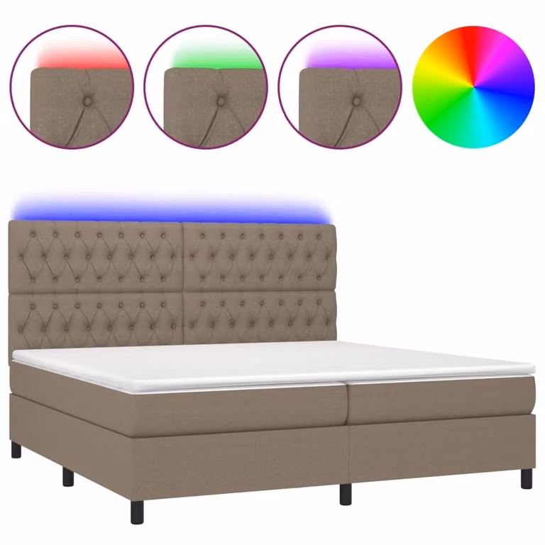 Letto a Molle Materasso e LED tortora 200x200cm in Tessuto