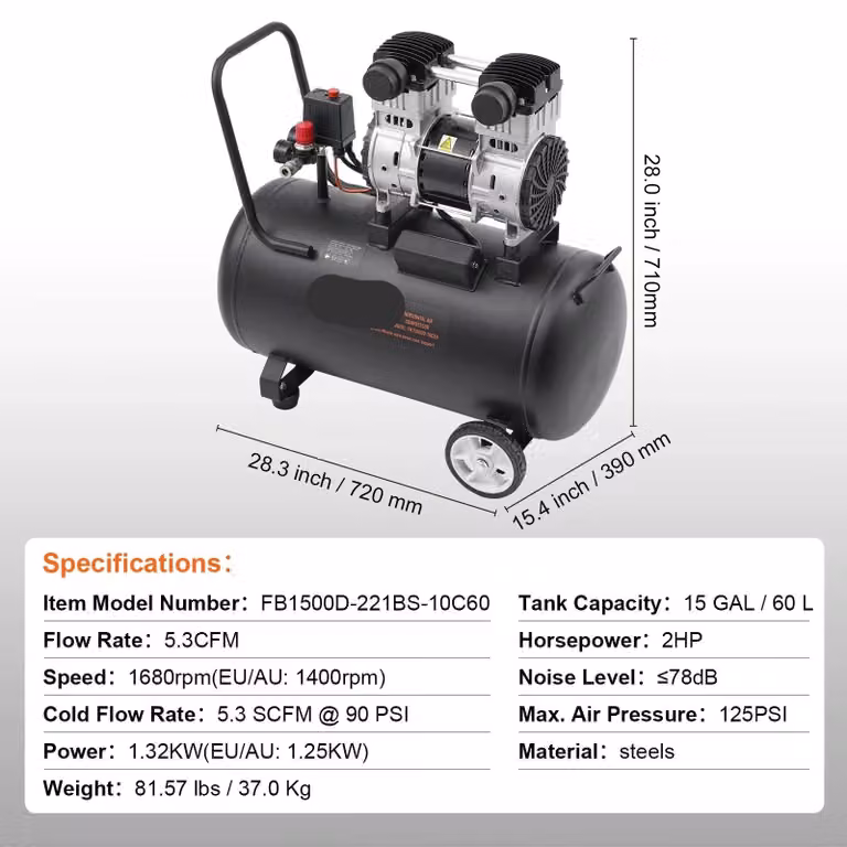 Compressore d'aria silenzioso - Compressore - Compressore d'aria - Pompa per pneumatici - Compressore elettrico - 1,32 kW - 78 dB