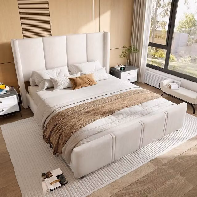 Letto Imbottito con Testiera e Pediera ¨C MINIMAL ¨C Beige, Metallo e Legno, 140x200