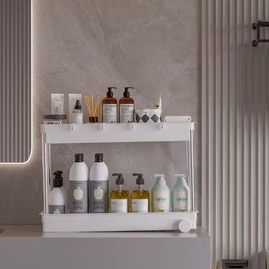 Organizer da cucina con 4 ganci, 2 ripiani, multifunzionale da posizionare sotto il lavello, organizer da cucina per cucina, bagno, armadio, tavolo (bianco)