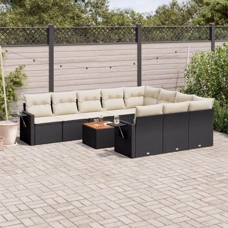 Set di Divani da Giardino vidaXL 11 pz in Polyrattan Nero con Cuscini e Tavolino da Caffè