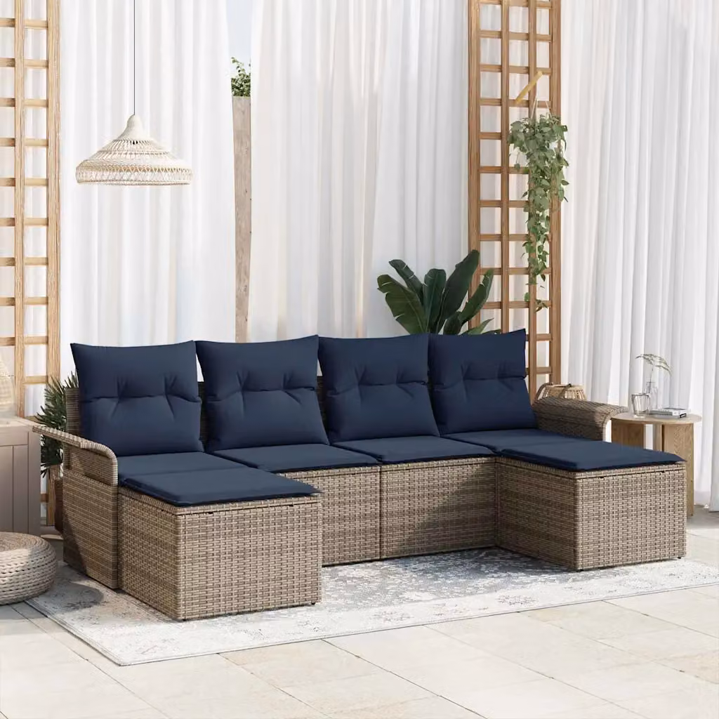 Set Divano da Giardino vidaXL 6 pz a Forma a L con Poltroncina e Cuscini, Colore Grigio e Blu, Struttura in Metallo e Rattan con Rivestimenti Rimovibili
