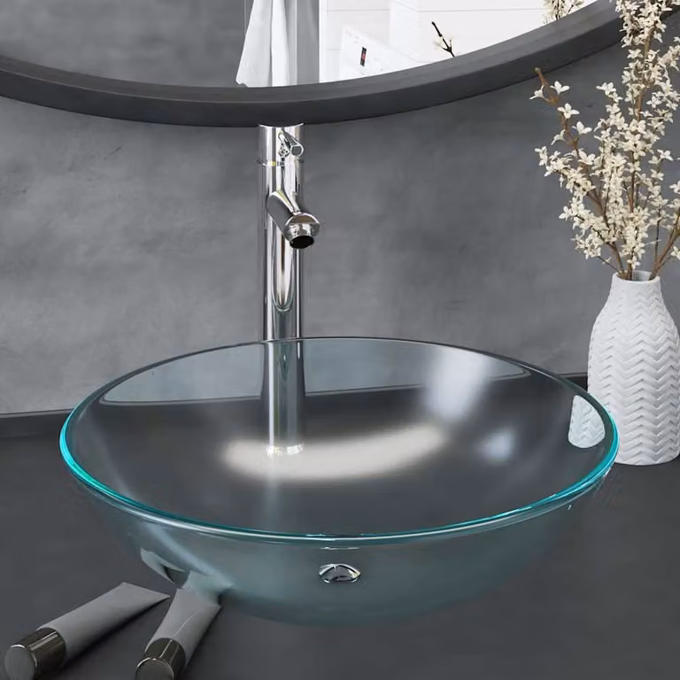 vidaXL Lavandino con Rubinetto e Piletta in Vetro Temperato Satinato, Colore Argento e Trasparente, L/P/H: 42 x 42 x 13 cm