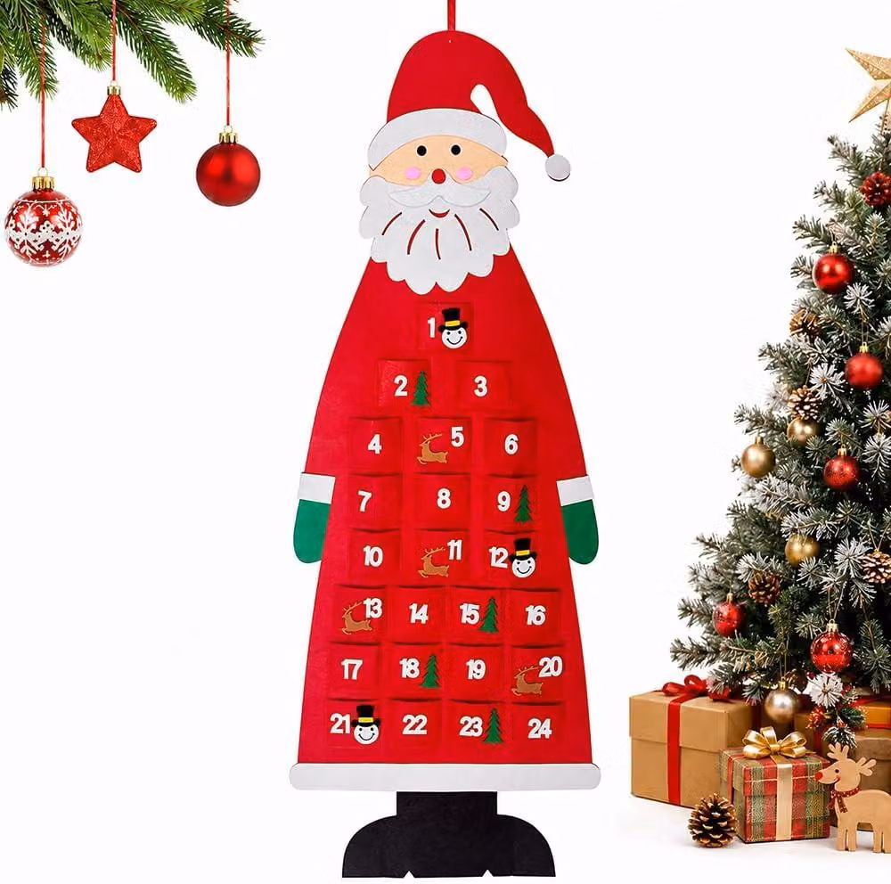 Calendario dell'Avvento in feltro, con 24 scomparti, rosso e bianco, ideale per il periodo natalizio