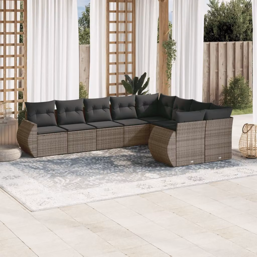 vidaXL Set Divano da Giardino a L 9 pz con Cuscini Grigio in Polyrattan e Acciaio – 1