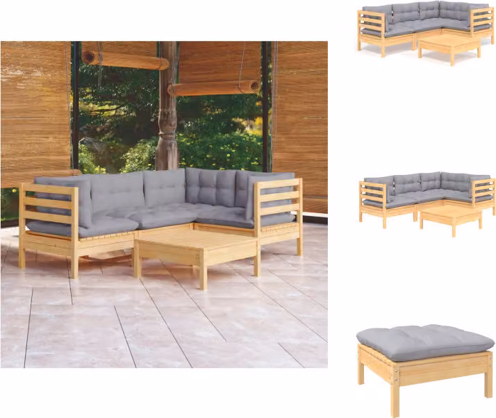 vidaXL Set di 5 pezzi da giardino con cuscini grigi in legno di pino - Set di mobili da giardino