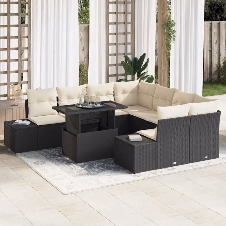 Set Divano da Giardino vidaXL 9 Pezzi Moderno con Tavolino e Cuscini Nero e Beige