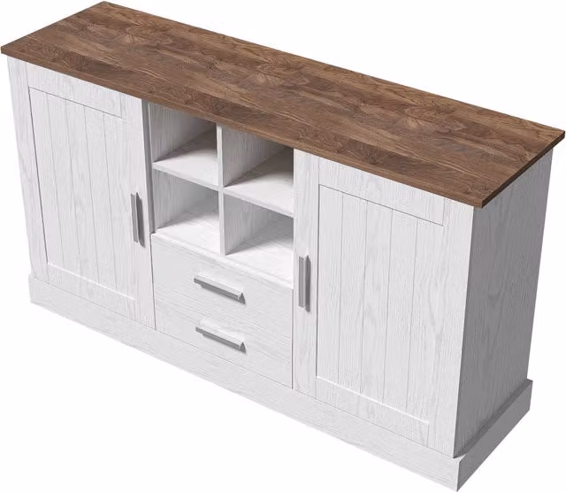 Credenza moderna con 2 ante ammortizzate, 2 cassetti soft-close e 4 vani aperti, in MDF bianco e marrone, L 140 x P 40 x H 79.5 cm – 1