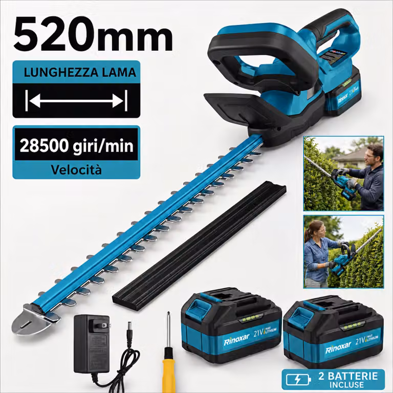 Tagliasiepi a batteria 21V | 8000mAh | Motore 600W brushless - Lama 52cm per rami 15mm