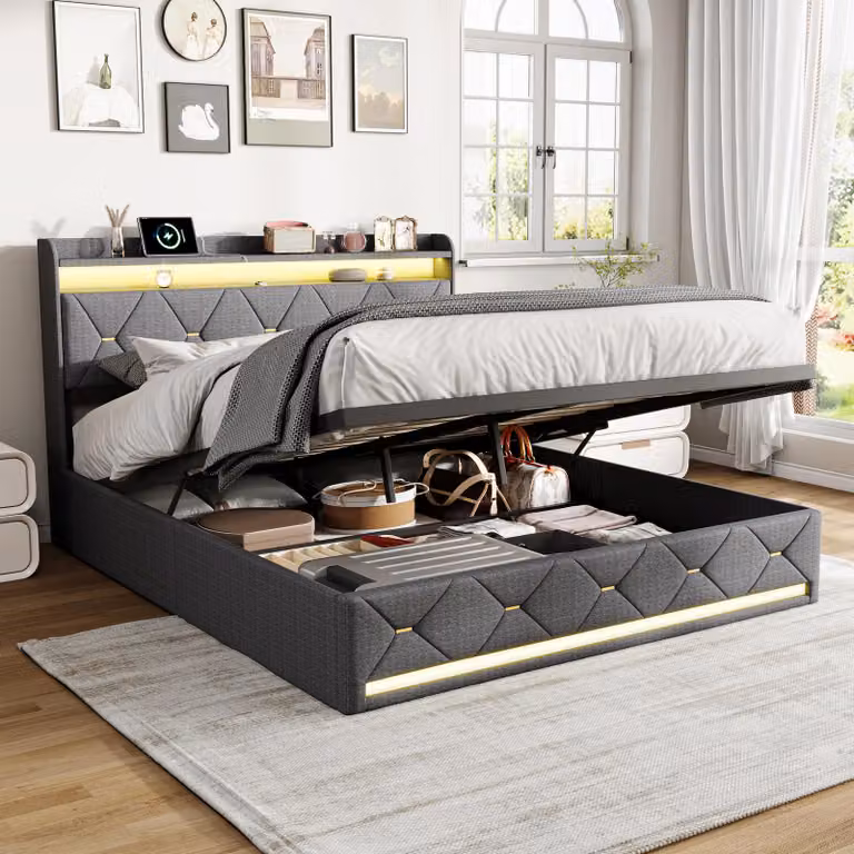 Letto imbottito UnboxG, 160x200 cm, con contenitore, ricarica wireless, USB, luci LED nella testiera e nel contenitore, sistema di sollevamento idraulico, rete a doghe, colore grigio