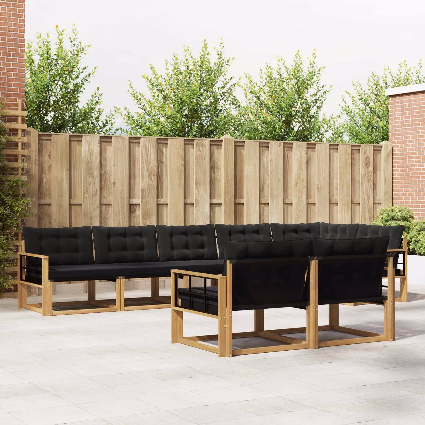 vidaXL Set di divani da esterno a forma di U composto da 8 pezzi in legno di acacia con cuscini in bianco, nero e marrone
