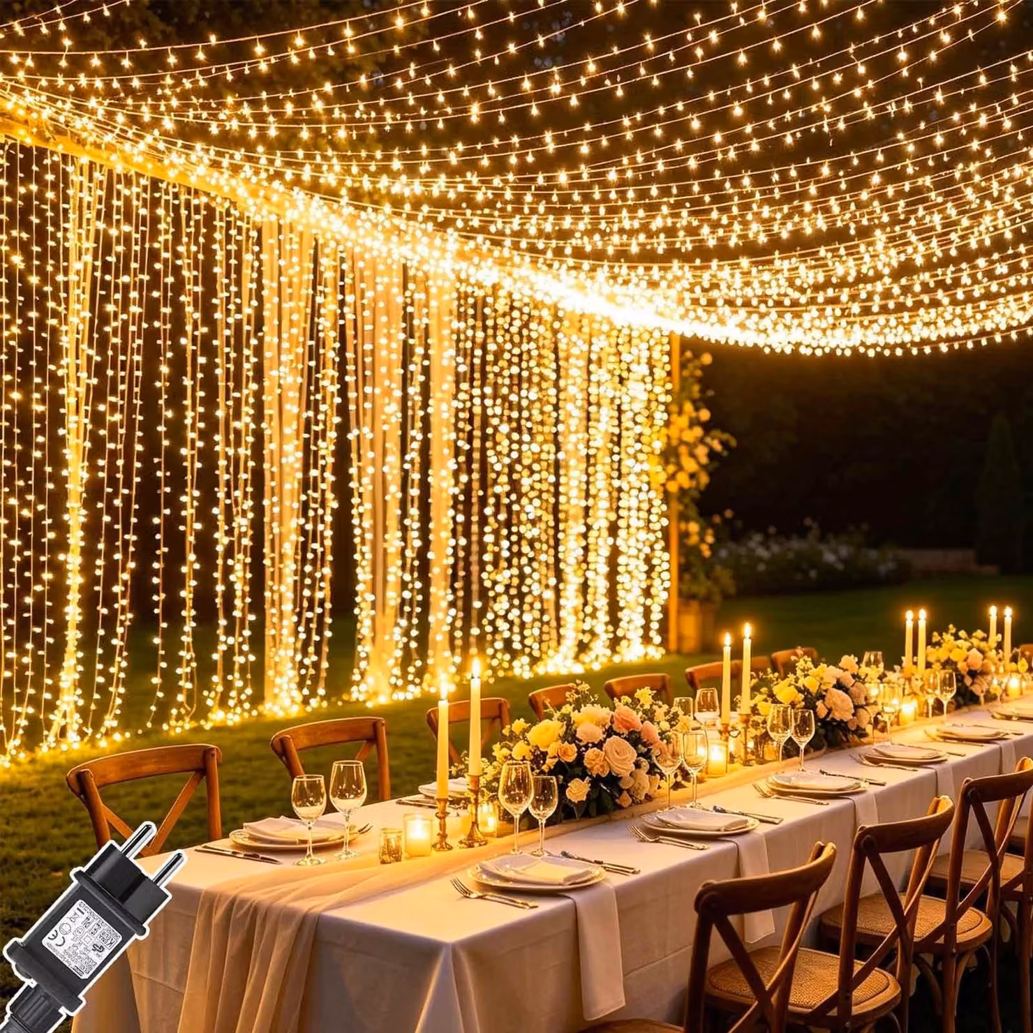 Tenda luminosa a LED, 600 LED, 6x3 metri, luce bianca calda, grado di protezione IP65, 8 modalità