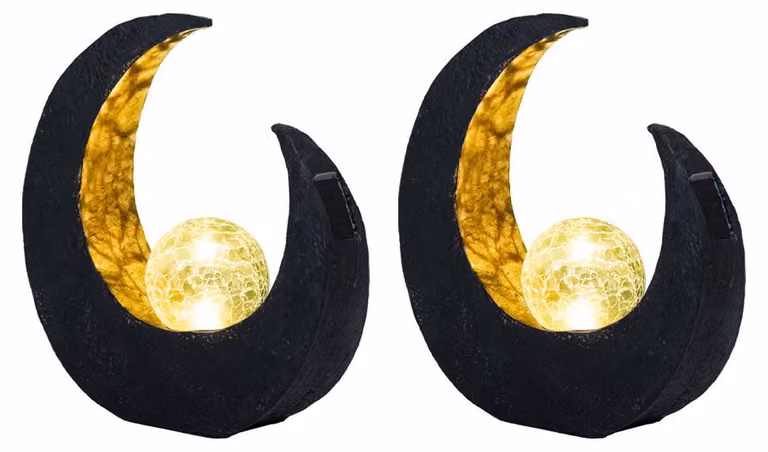 2 lampade solari a LED, a forma di mezzaluna, nero e oro, con sfera di vetro, H 30,5 cm