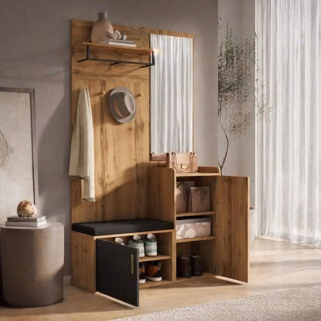 Armadio da ingresso REDOM con specchio e panca, finitura rovere e nero, L: 100 cm, P: 38 cm, H: 185 cm