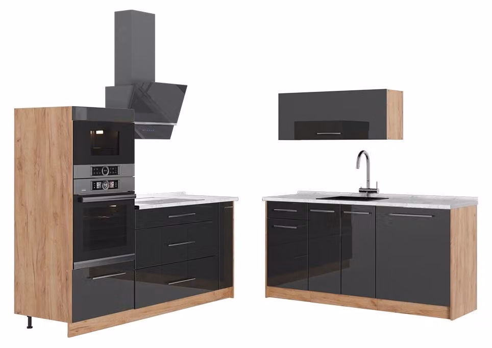 Cucina Vicco Fame-Line Antracite lucido/Rovere dorato 340 cm, PL Marmo, Model 63695