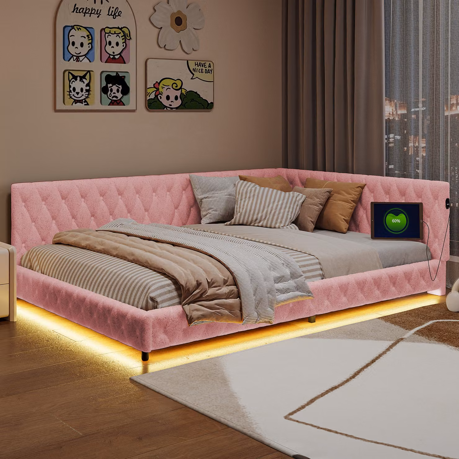 CDGlobal Letto imbottito 140x200cm con USB/tipo-c, Divano letto con rete a doghe, Letto da giorno Letto per giovani con LED, Letto per ospiti Divano letto Letto matrimoniale, Velluto, Rosa