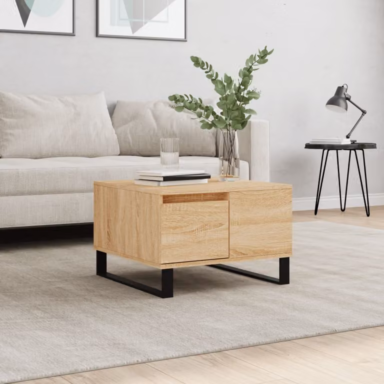Tavolino da salotto moderno vidaXL in legno e metallo color rovere, L/P/H: 55 x 55 x 36,5 cm