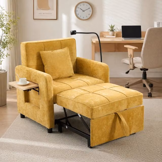 Poltrona letto 2 in 1 extra lunga in ciniglia con schienale regolabile; scomparti laterali e vassoio; giallo senape