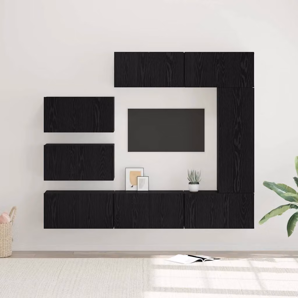 Set mobile TV moderno vidaXL in 8 pezzi, Rovere e Nero, in legno MDF per soggiorno – 1