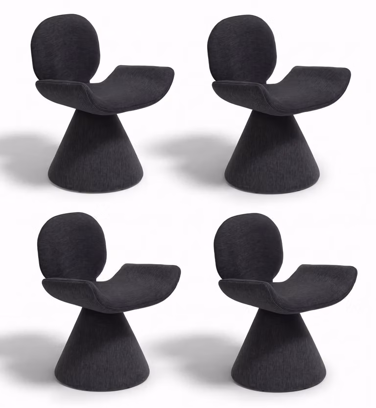Sedia dal design moderno, nera, rivestita in tessuto, dalla forma rotonda, caratterizzata da un'eleganza esclusiva e un'estetica senza tempo