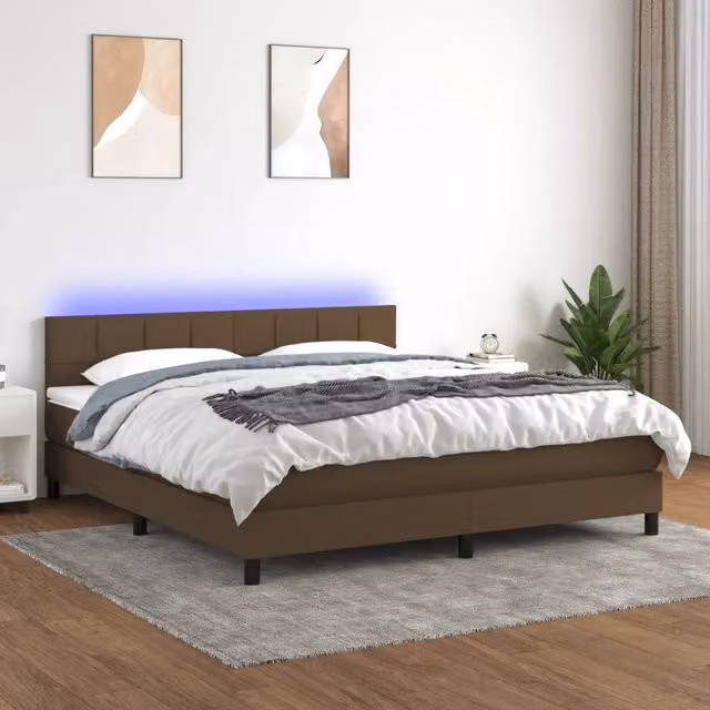 Letto matrimoniale con materasso ibrido vidaXL in tessuto marrone scuro con illuminazione LED e porta USB L/P/H: 180 x 200 x 203 cm