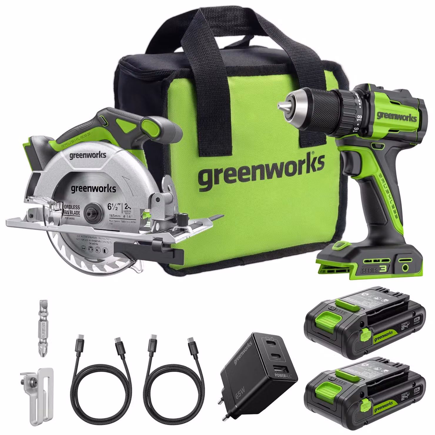 Greenworks POWERALL 24V Trapano + Sega circolare Kit - 2x Batterie 2Ah