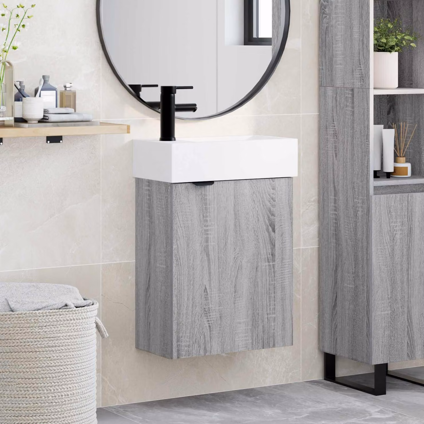 Mobile bagno vidaXL con rubinetto Sonoma grigio L: 45,5 cm, P: 22,5 cm, H: 84 cm