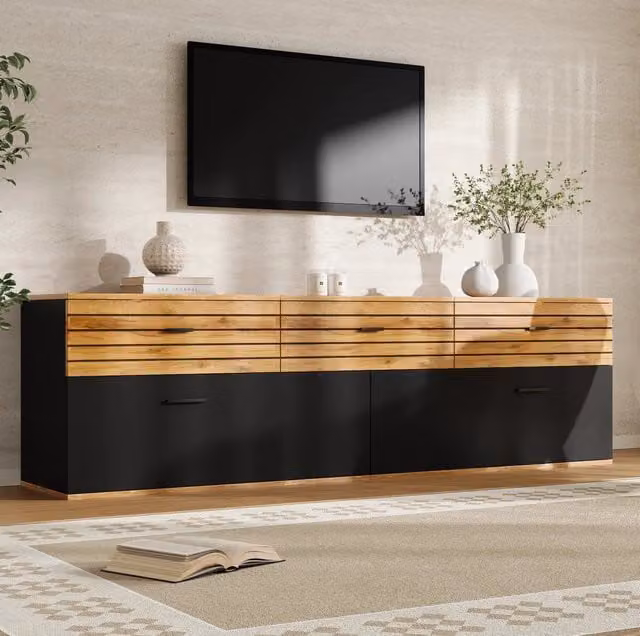 Mobile TV MODFU moderno in MDF con 3 cassetti soft close e 2 ante a ribalta, colori beige, marrone e nero, L: 168 cm, P: 38 cm, H: 59 cm